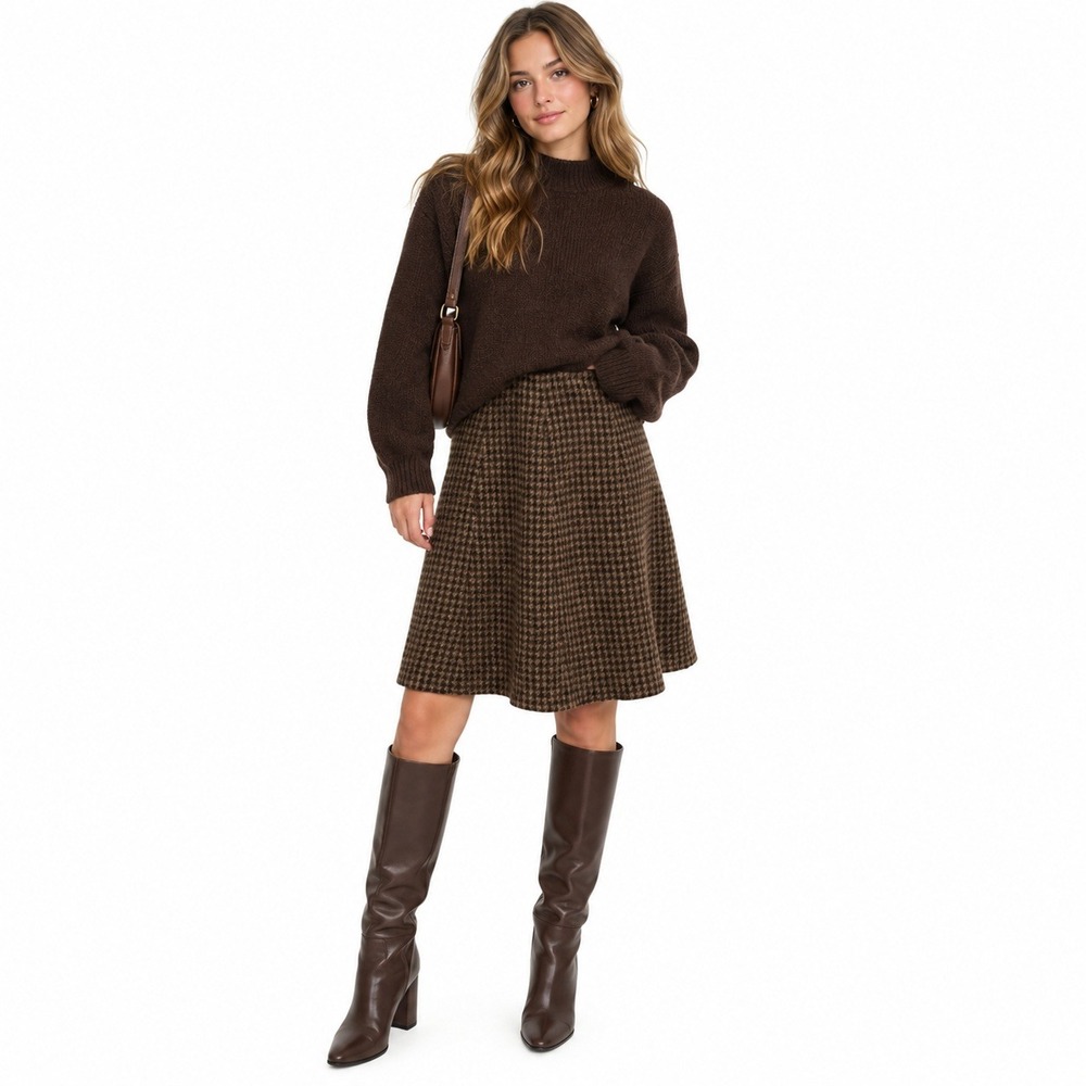 Y2K Lauren Ralph Lauren Wool Houndstooth A Line Skirt Brown Academia Preppy